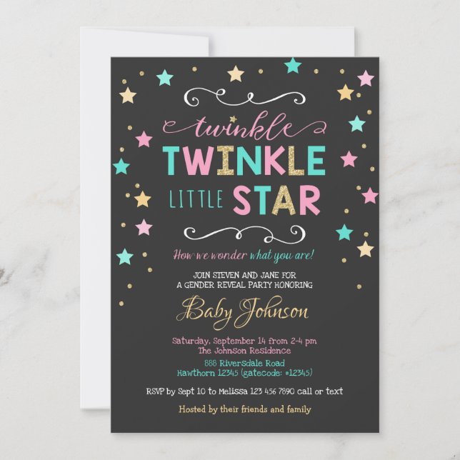Twinkle Twinkle Star Baby Shower, Gender Reveal Invitation (Front)