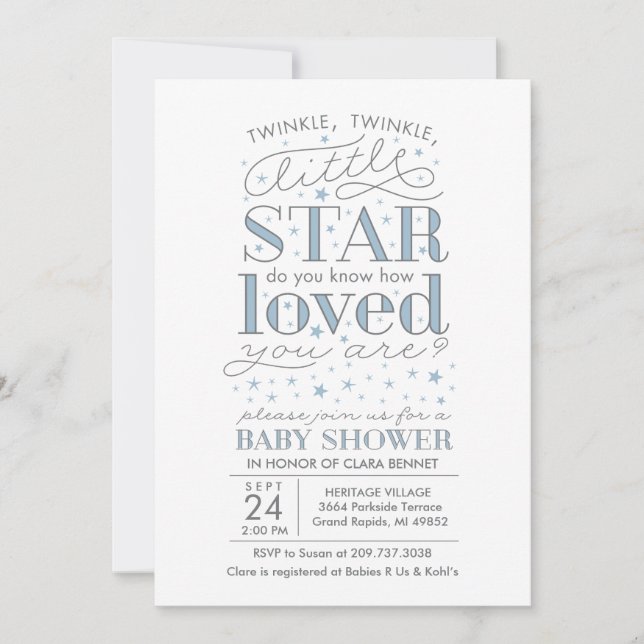 Twinkle Twinkle Star Theme Baby Shower Blue Invitation (Front)