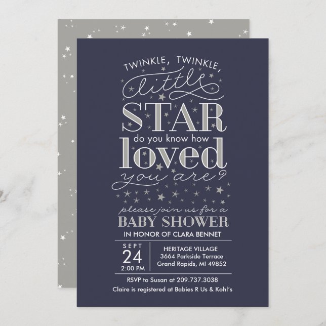 Twinkle Twinkle Star Theme Navy Silver Shower Invitation (Front/Back)