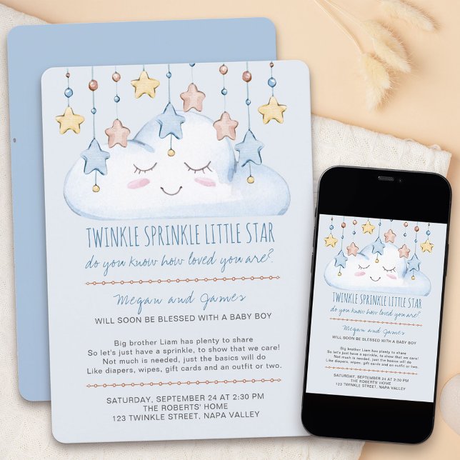 Twinkle Twinkle Stars and Cloud Boy Baby Sprinkle Invitation (Twinkle twinkle little star baby sprinkle invitation for a baby boy)