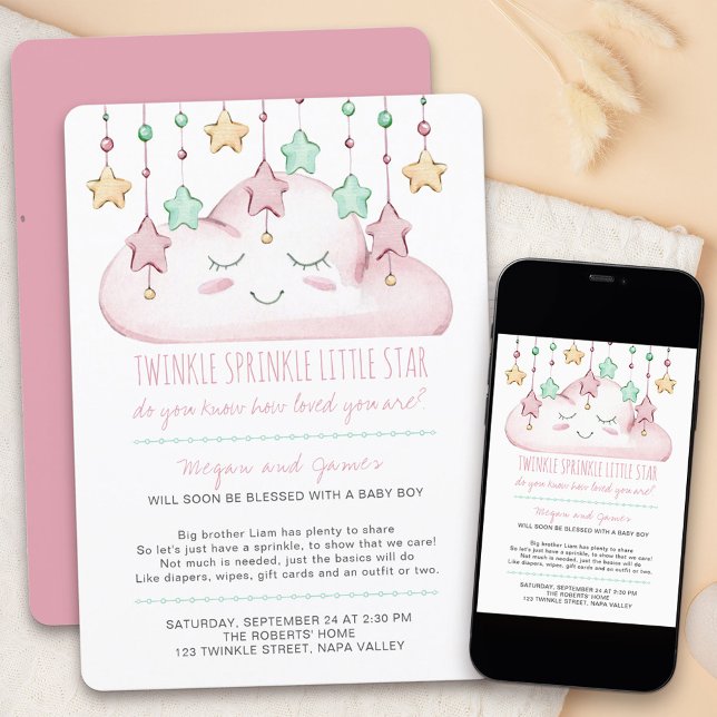 Twinkle Twinkle Stars and Cloud Girl Baby Sprinkle Invitation (Twinkle twinkle little star baby sprinkle invitation for a baby girl)