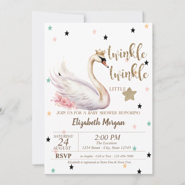 Twinkle Twinkle,Swan Flowers Baby Shower Invitation (Front)