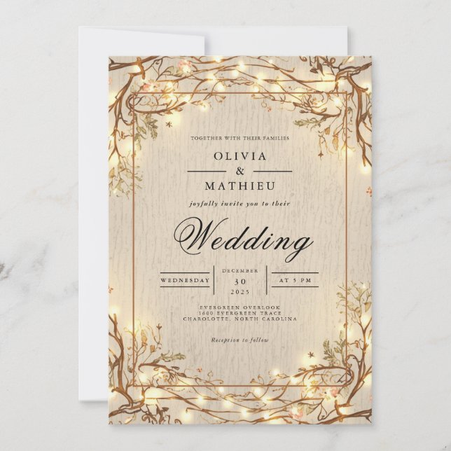 Twinkling Branches Rustic Romance Wedding Invitation (Front)