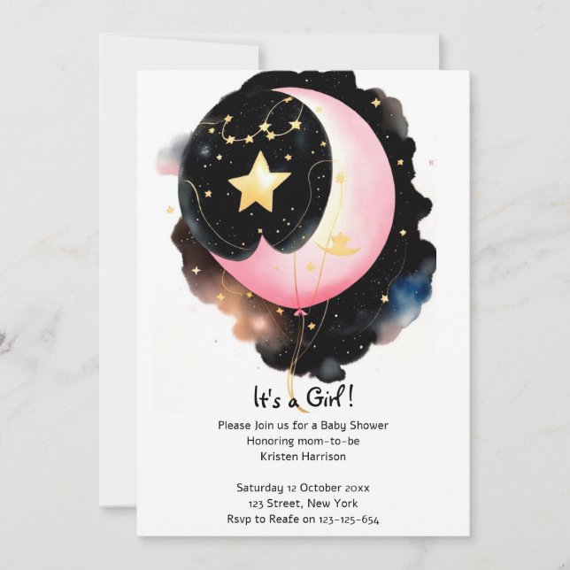 Twinkling Celestial: Moon & Stars Girl Baby Shower Invitation (Front)