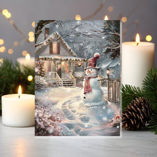 Twinkling Cozy Christmas Cottage with Snowman Card