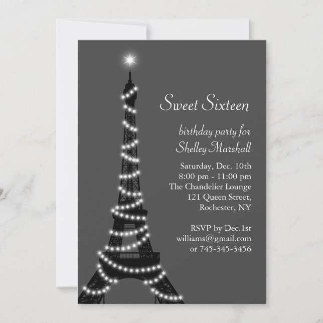 Twinkling Eiffel Tower Sweet 16 Invitation (Front)