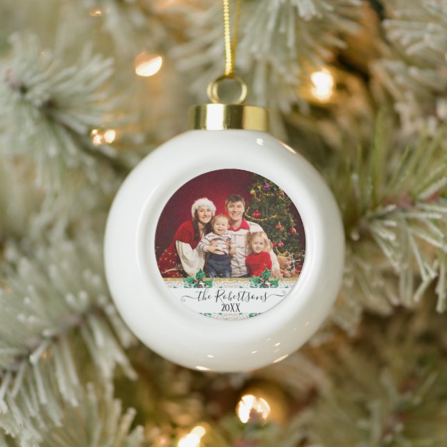 Twinkling Gold Glitter Our Family Christmas Photo Ceramic Ball Christmas Ornament (Tree)