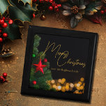 Twinkling Gold Lights Modern Merry Christmas Party Gift Box<br><div class="desc">This gorgeous Merry Christmas gift box features modern gold handwritten script over twinkling lights next to a festive Christmas tree that is decorated with red and green ornaments. Customise your elegant holiday presents with personalised script over the black night sky.</div>