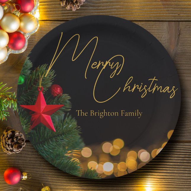 Twinkling Gold Lights Modern Merry Christmas Party Paper Plate (Creator Uploaded)
