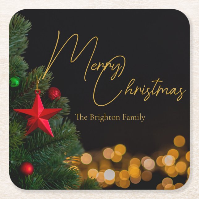 Twinkling Gold Lights Modern Merry Christmas Party Square Paper Coaster (Front)