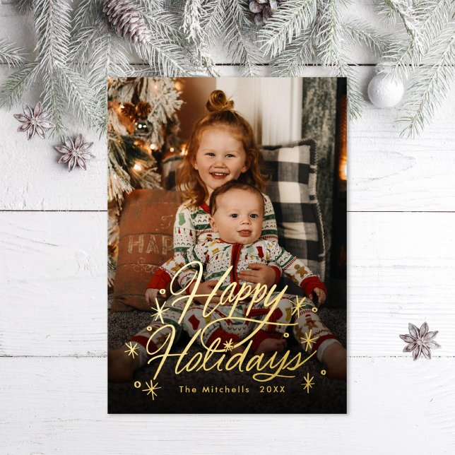 Twinkling Hand Lettered Happy Holidays Foil Holiday Card (Creator Uploaded)