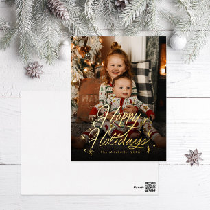 Twinkling Hand Lettered Happy Holidays Photo Foil Holiday Postcard