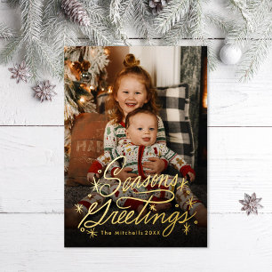 Twinkling Hand Lettered Seasons Greetings Foil Holiday Card