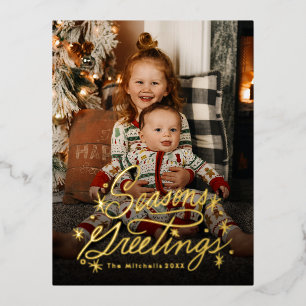 Twinkling Hand Lettered Seasons Greetings Photo Foil Holiday Postcard