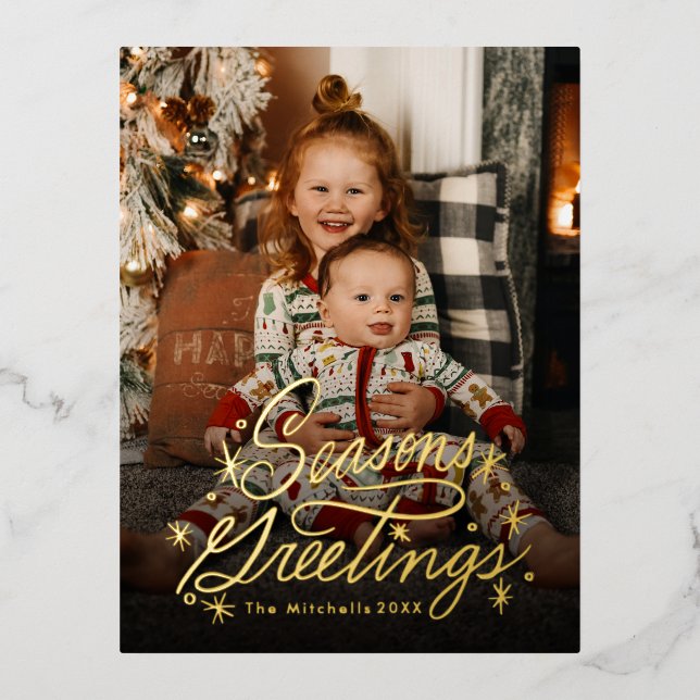Twinkling Hand Lettered Seasons Greetings Photo Foil Holiday Postcard (Front)