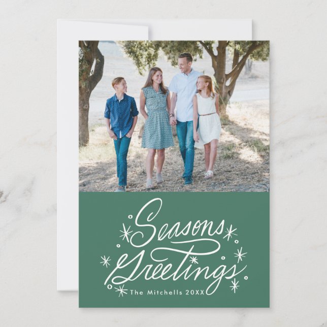 Twinkling Hand Lettered Seasons Greetings Photo Holiday Card (Front)