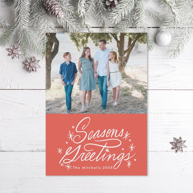 Twinkling Hand Lettered Seasons Greetings Photo Holiday Card (Creator Uploaded)