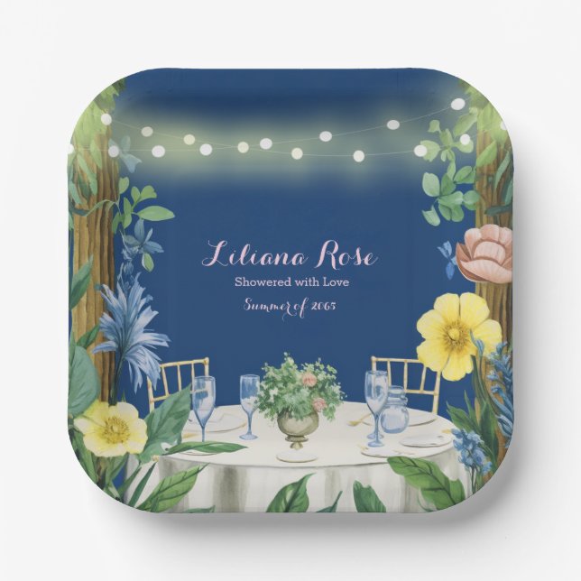 Twinkling Lights Blue Floral Garden Bridal Shower Paper Plate (Front)