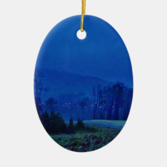 Twinkling Lights in a Blue Mountain Mist Ceramic Tree Decoration (Front)