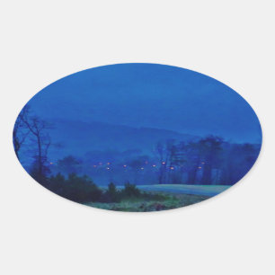 Twinkling Lights in a Blue Mountain Mist Oval Sticker