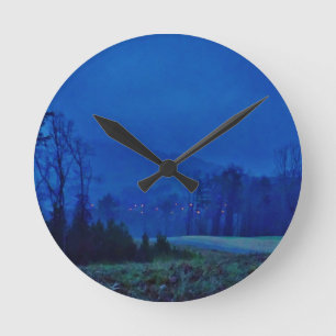 Twinkling Lights in a Blue Mountain Mist Round Clock