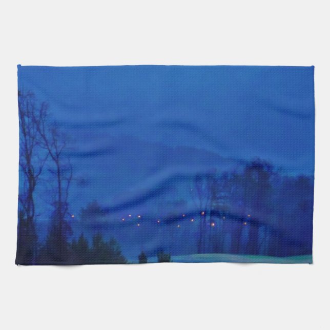 Twinkling Lights in a Blue Mountain Mist Tea Towel (Horizontal)