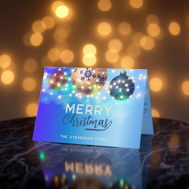  Twinkling Lights Sapphire Gold Christmas Baubles Card (Creator Uploaded)