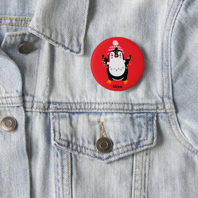 Twinkling Penguin with Christmas Lights 6 Cm Round Badge (In Situ)