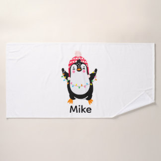 Twinkling Penguin with Christmas Lights Bath Towel