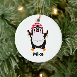Twinkling Penguin with Christmas Lights Ceramic Tree Decoration
