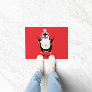 Twinkling Penguin with Christmas Lights Doormat