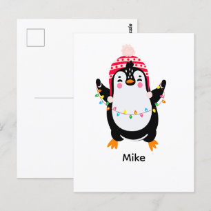 Twinkling Penguin with Christmas Lights Postcard