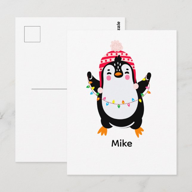 Twinkling Penguin with Christmas Lights Postcard (Front/Back)