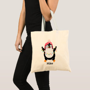 Twinkling Penguin with Christmas Lights Tote Bag