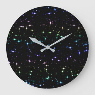 Twinkling Rainbow Glitter Stars in the Night Sky Large Clock