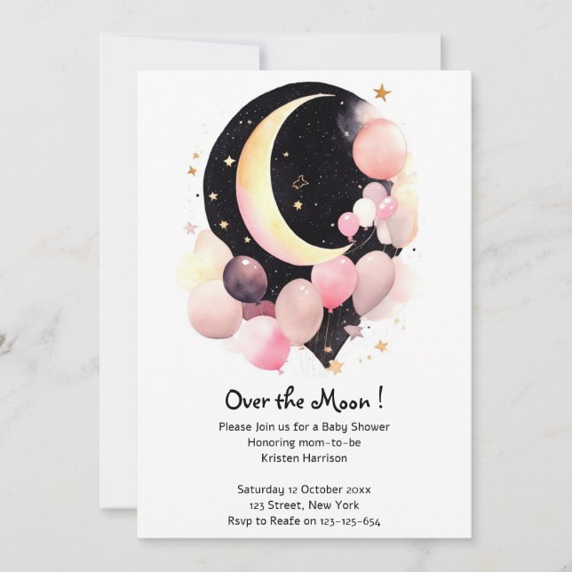 Twinkling Stars: Moon & Stars Baby Girl Shower Invitation (Front)