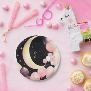 Twinkling Stars: Moon & Stars Baby Girl Shower Paper Plate