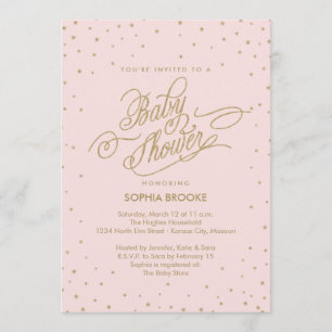 Twinkly Gold Stars Fancy Pink Baby Shower Invite