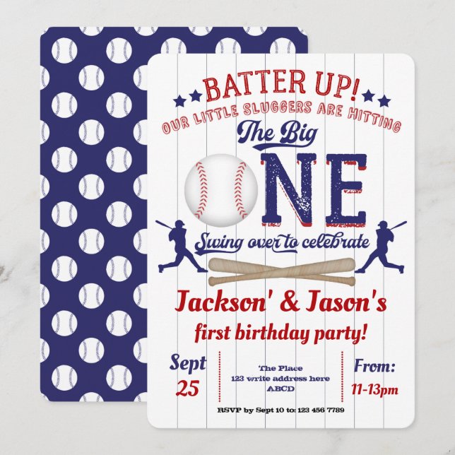 Twins, 1st birthday, Baseball Invitation (Front/Back)