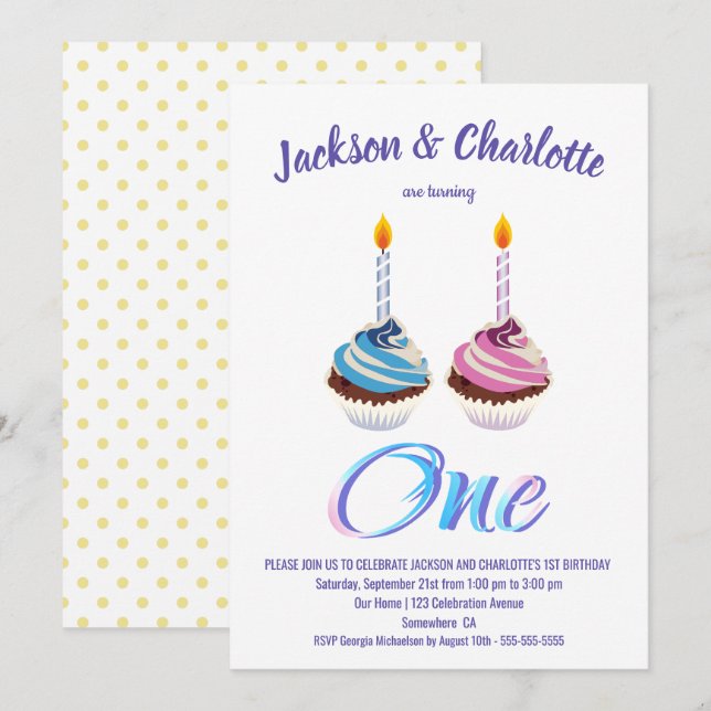 Twins 1st Birthday Boy and Girl Cupcakes Party Invitation (Front/Back)