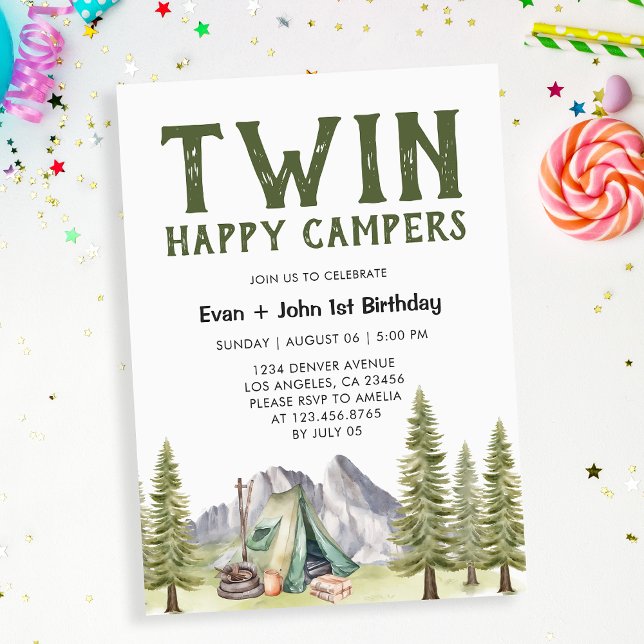 Twins 1st Birthday Happy Campers Rustic Invitation (Creator Uploaded)