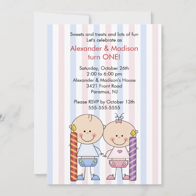 Twins 1st Birthday Invitation Girl & Boy (Front)