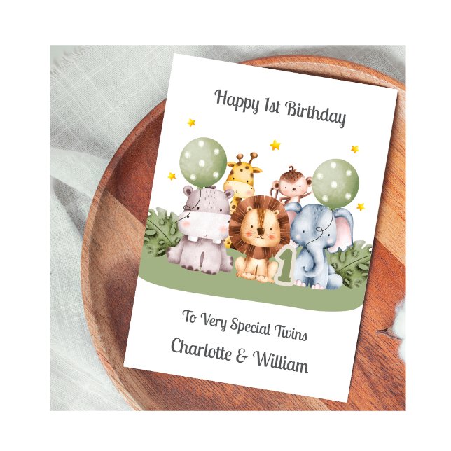 Twins 1st Birthday Safari Leaf Animals Card (Creator Uploaded)