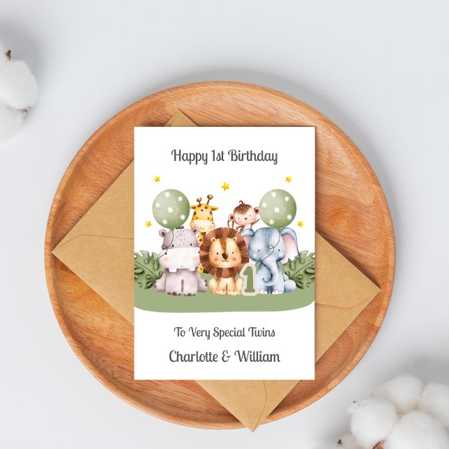 Twins 1st Birthday Safari Leaf Animals Card (Creator Uploaded)
