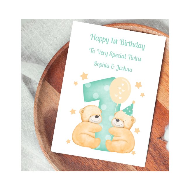 Twins 1st Birthday Teddy Bears Birthday Card (Creator Uploaded)
