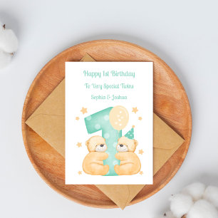 Twins 1st Birthday Teddy Bears Birthday Card