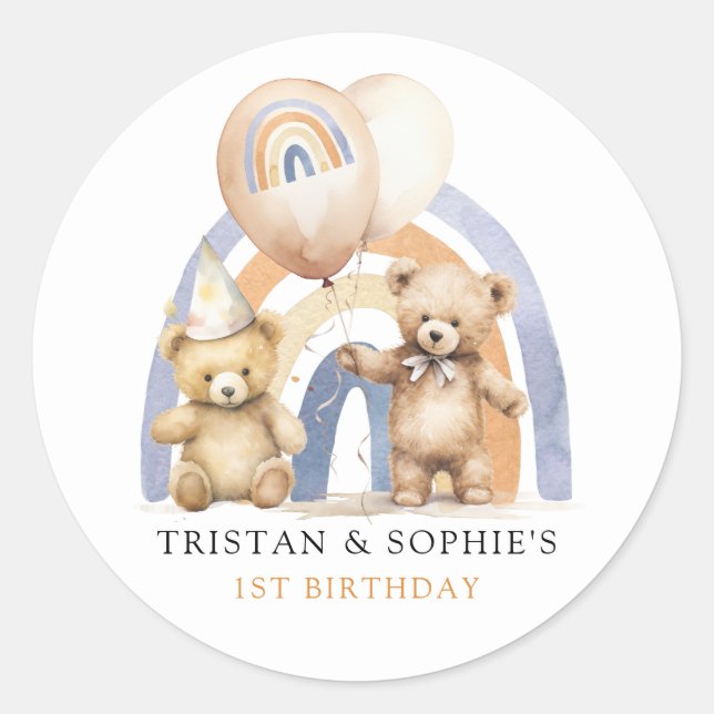 Twins 1st Birthday Watercolor Teddy Bears Classic Round Sticker (Front)