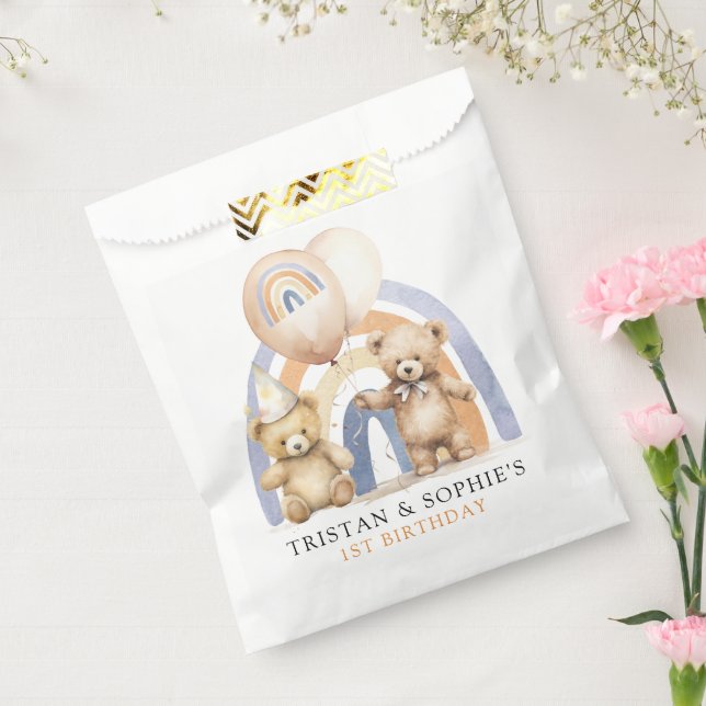 Twins 1st Birthday Watercolor Teddy Bears Favour Bags (Sealed)