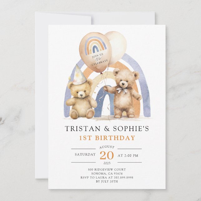 Twins 1st Birthday Watercolor Teddy Bears Invitation (Front)