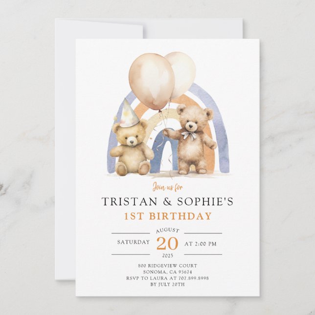 Twins 1st Birthday Watercolor Teddy Bears Invitation (Front)
